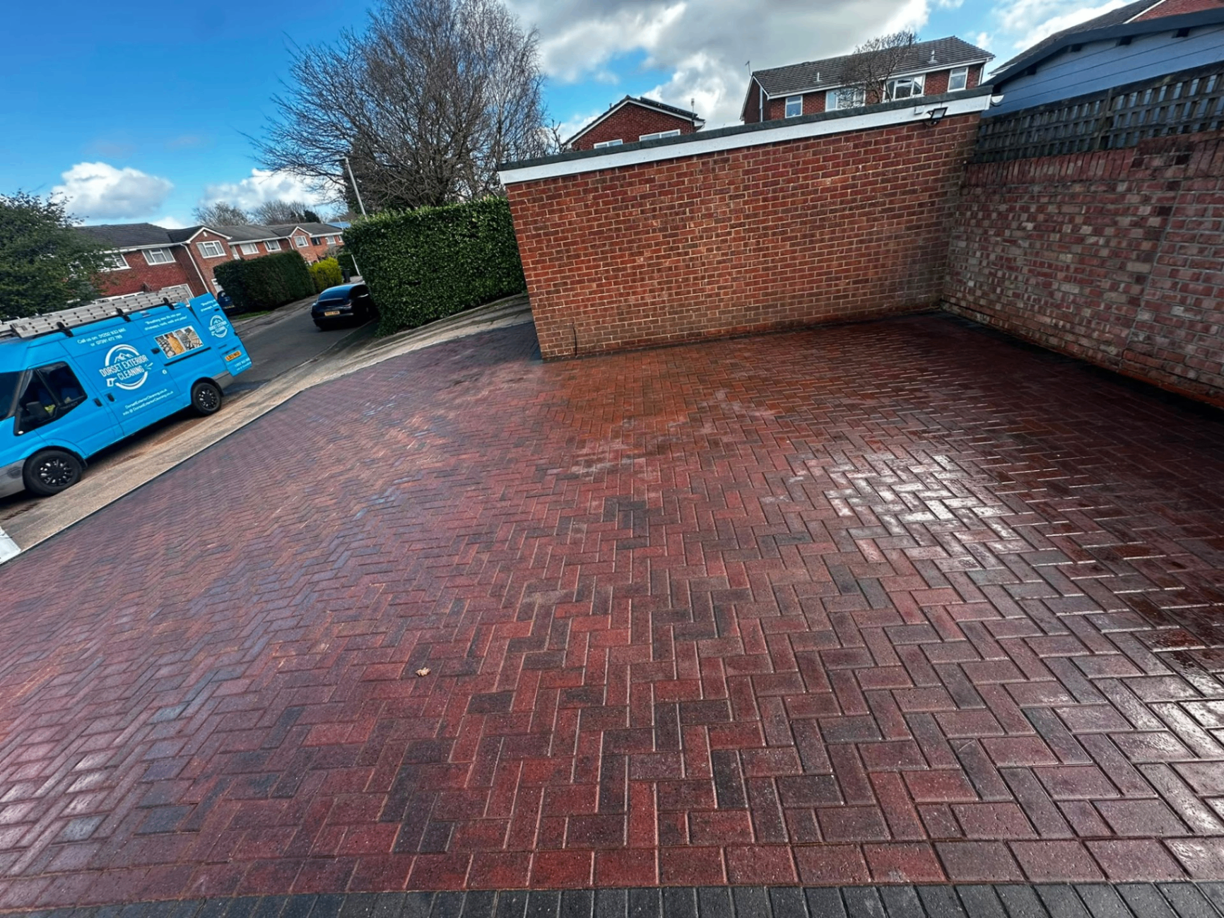 Restored block paving driveway after professional cleaning in Dorset